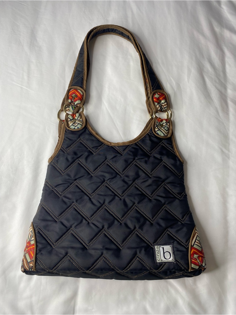 Cinda B Navy Blue Chevron Quilted Handbag Zipper Tote Bag Orange Lining